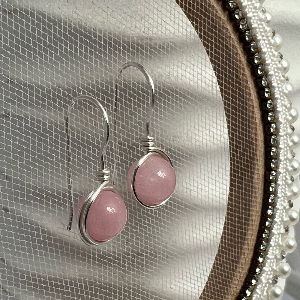 Rose Quartz Wire Wrapped Minimalist Earrings in Pink & Silver - Picture 2 of 13